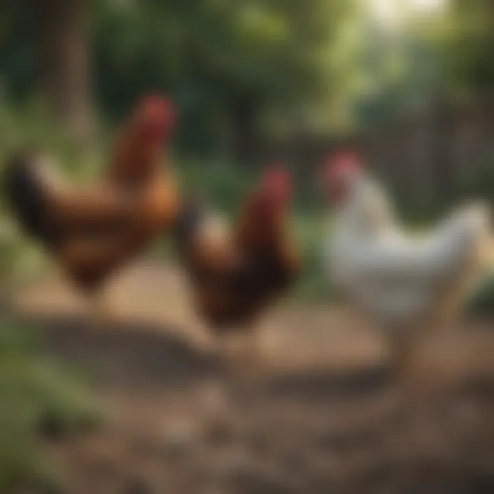 Chickens foraging in a lush backyard environment, illustrating their natural behavior.