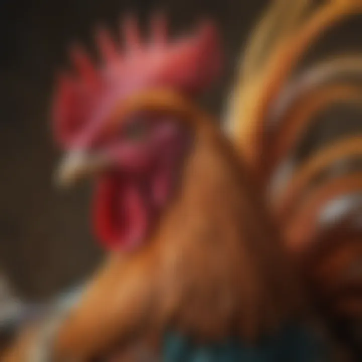 Close-up of a majestic rooster highlighting its impressive comb and plumage.