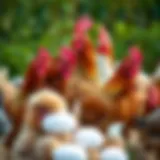 A diverse selection of chicken breeds in a natural setting