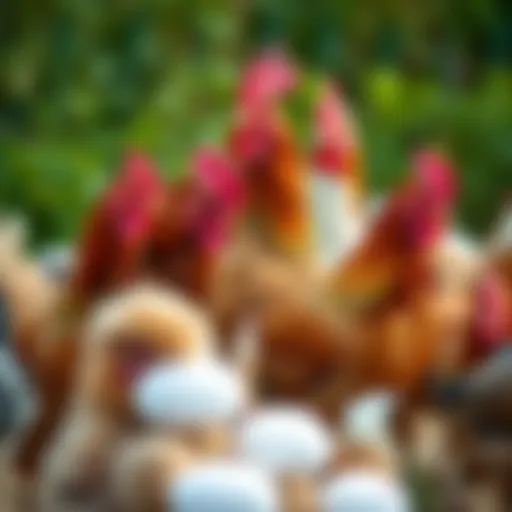 A diverse selection of chicken breeds in a natural setting