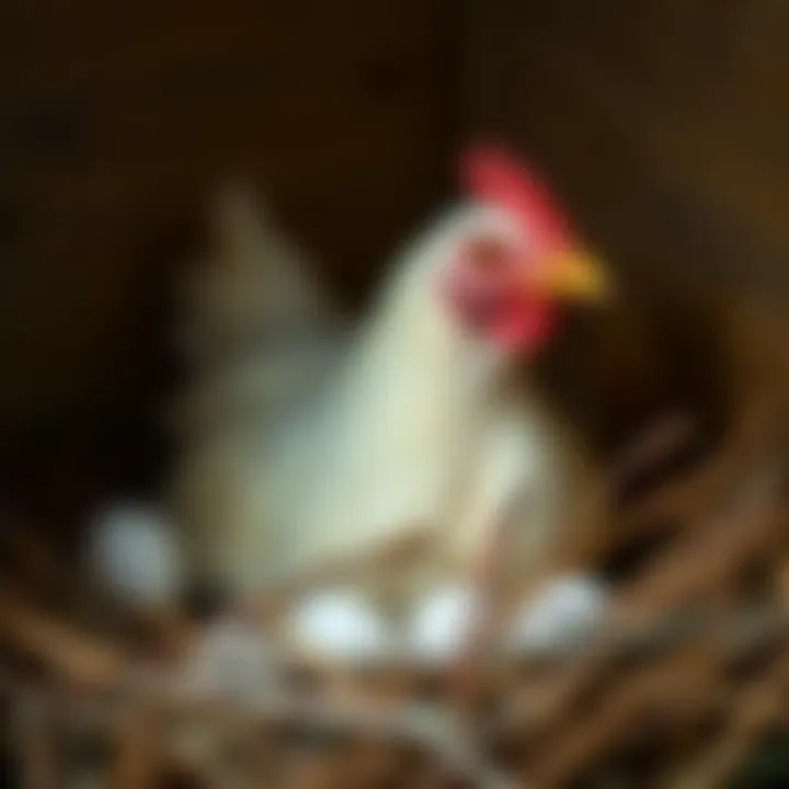An egg-laying hen in a cozy nesting area