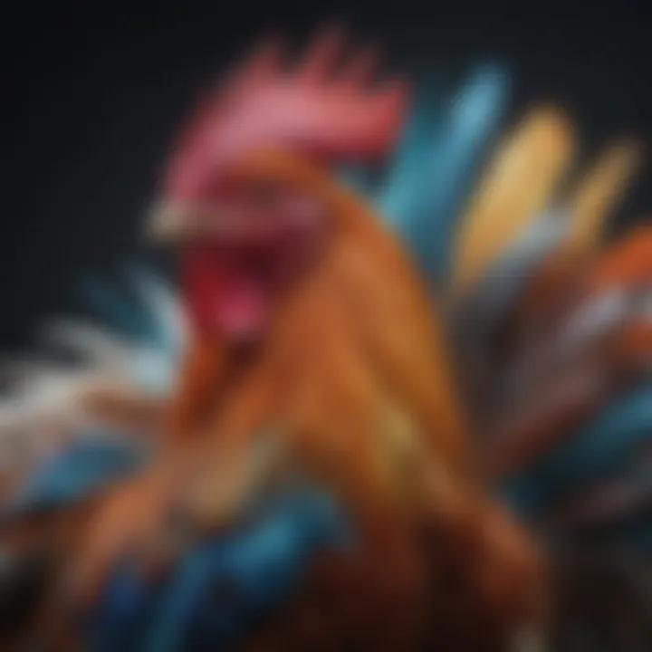 A close-up of a rooster with iridescent feathers, highlighting its unique color patterns and textures.