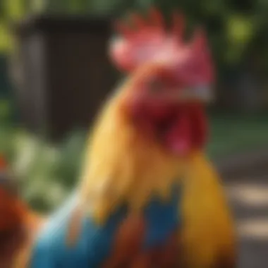 A stunning display of a colorful rooster showcasing its vibrant plumage in a sunny backyard.