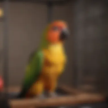 A spacious conure bird cage with perches and toys