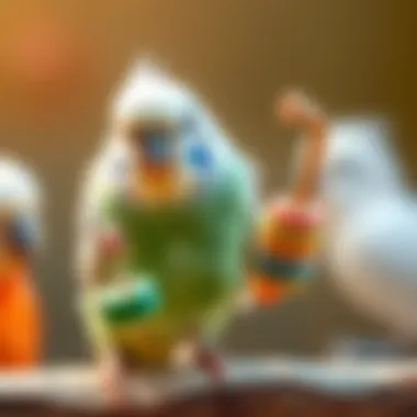 Charming Budgie at Play A charming budgie playing with a toy, highlighting its playful personality.