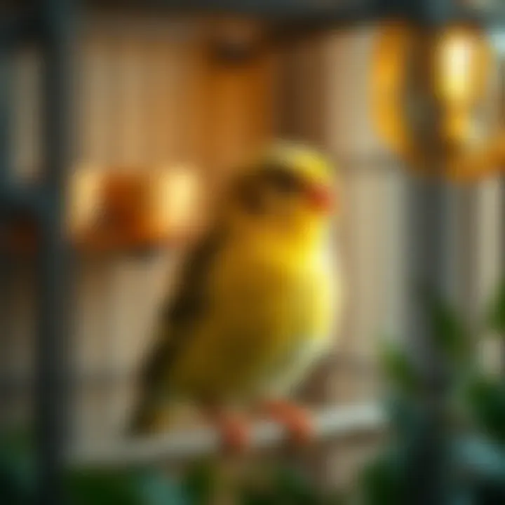 Serene Canary in Habitat A serene canary in a well-decorated cage, emphasizing a nurturing environment.