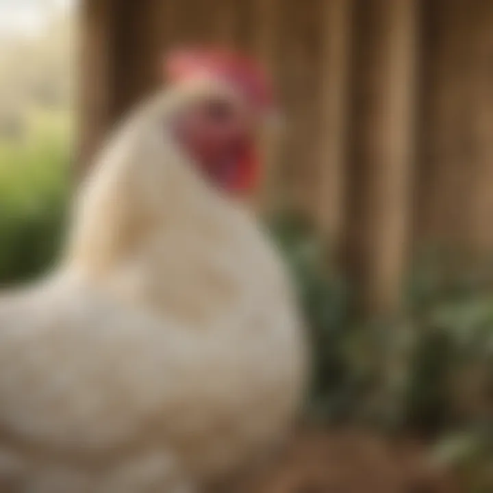 A majestic cream-colored hen showcasing its elegant plumage in a serene farm environment.