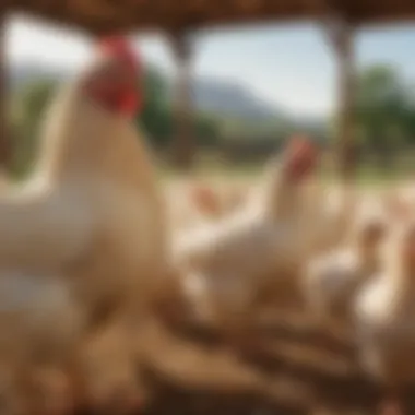 Cream-Colored Chickens in a Sustainable Farm A vibrant farm landscape with cream-colored chickens roaming freely, embodying sustainable farming practices.