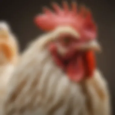 A close-up of a cream-colored rooster with striking features, symbolizing cultural significance in poultry.