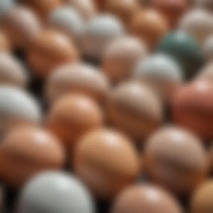 A close-up view of various egg types highlighting size and color variations.