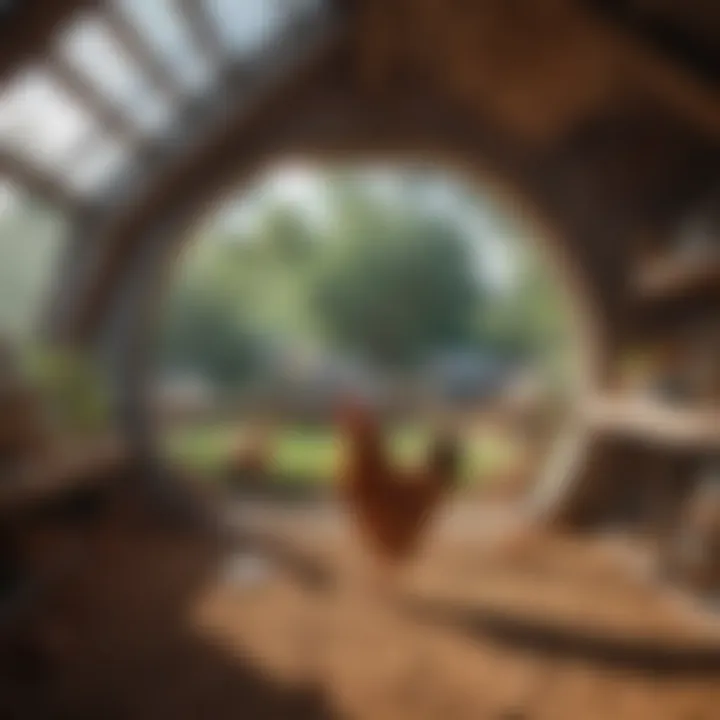 Interior view of a dome chicken coop featuring nesting areas and ventilation