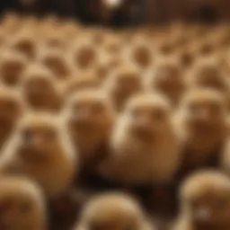 A vibrant flock of Dominique chicks showcasing their distinct feather patterns.