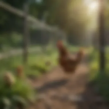 An electric fence protecting chickens in a lush backyard