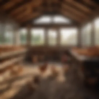 Interior view of a meticulously designed extra large chicken coop with ample ventilation.