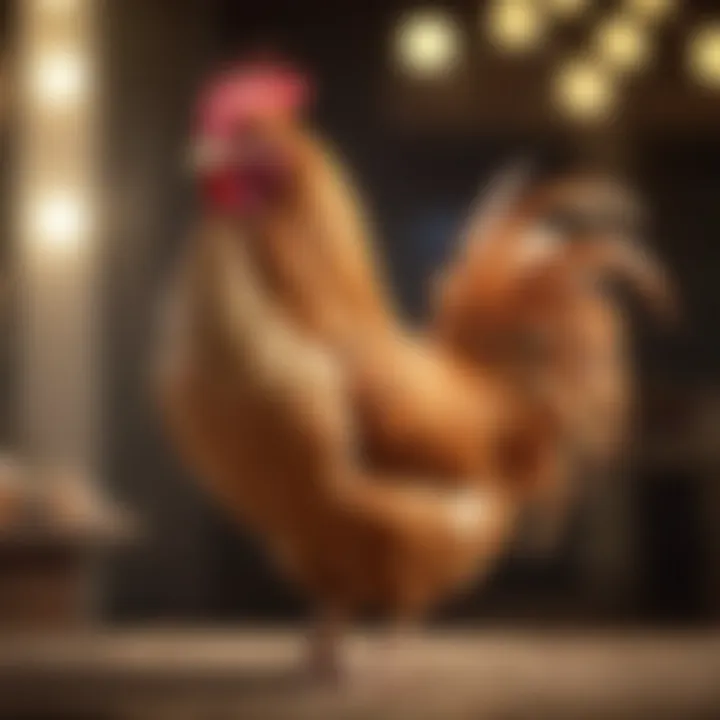 An elegant fancy chicken in a show ring with ribbons
