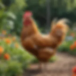 A colorful display of various fancy chicken breeds in a lush garden setting