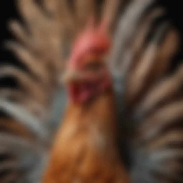 Close-up of a unique feather pattern on a fancy chicken
