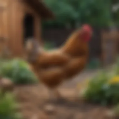 Different types of chicken breeds in a garden setting.