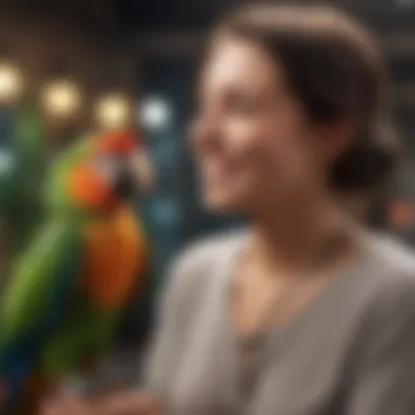 A person laughing joyfully while interacting with a parrot