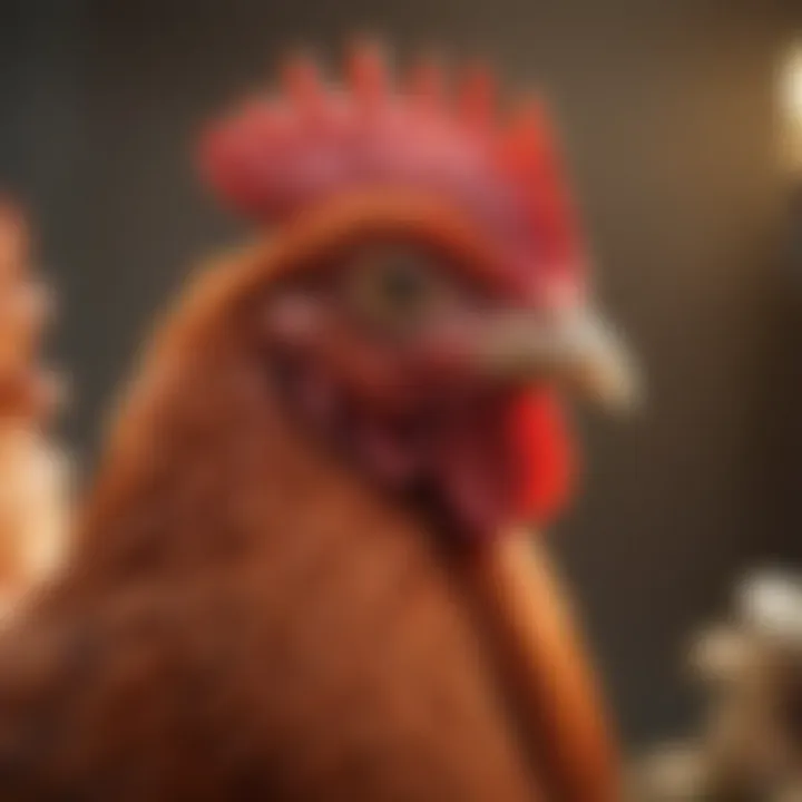 Close-up of an ISA Red chicken showcasing its striking plumage