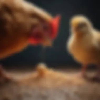 A close-up of a little chicken being fed with grains