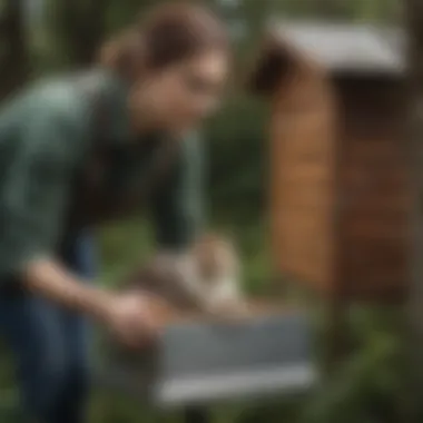 A pet owner maintaining a metal nesting box, illustrating ease of upkeep and care.