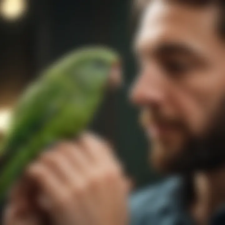 A person bonding with a green parakeet