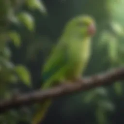 A vibrant green parakeet perched on a branch