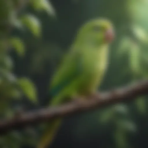 A vibrant green parakeet perched on a branch