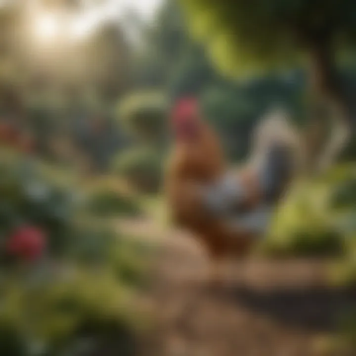 Polish chickens in a lush garden environment, illustrating their adaptability