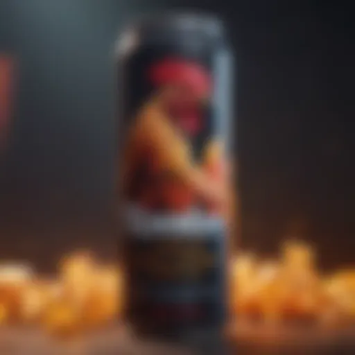 Close-up of Rooster Booster energy drink can showcasing vibrant branding