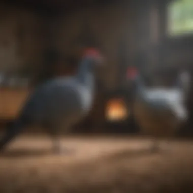 Rural king guinea fowl interacting in a domestic setting