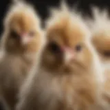 A close-up view of Silkie chickens with their distinctive fluffy feathers.