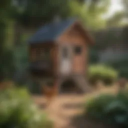 A beautifully designed small chicken coop in a garden setting