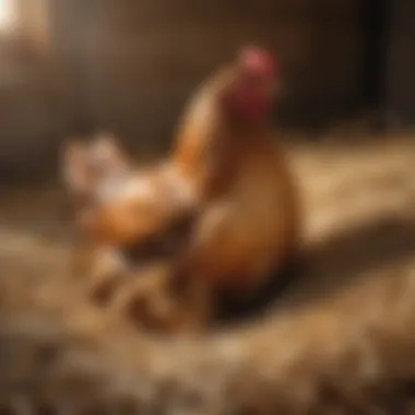 A serene scene of a hen nesting comfortably in a bed of straw, exemplifying care requirements