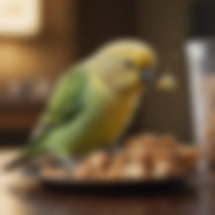 A close-up of a budgerigar eating a nutritious treat, emphasizing dietary needs.