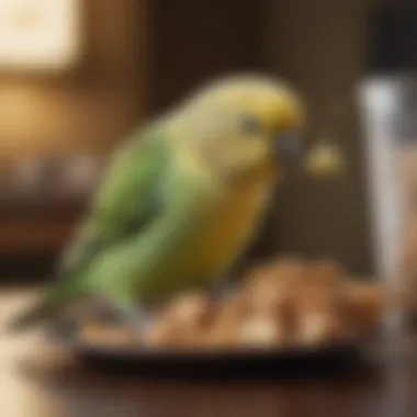 Nutritional Needs of Budgerigars A close-up of a budgerigar eating a nutritious treat, emphasizing dietary needs.