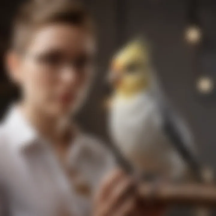 A serene setting with a cockatiel interacting with its owner, highlighting their social nature.