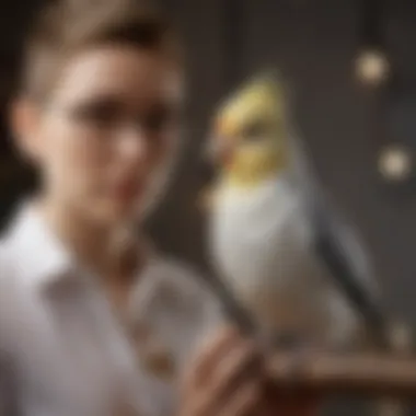 Cockatiel Companionship A serene setting with a cockatiel interacting with its owner, highlighting their social nature.