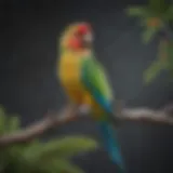 A vibrant parakeet perched on a branch, showcasing its colorful feathers.