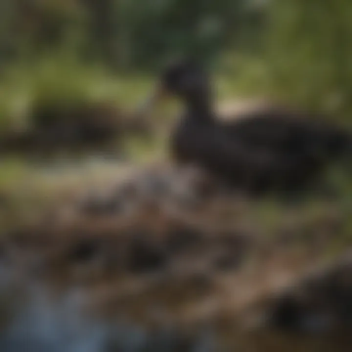 Black duck nest with eggs in a marshy area