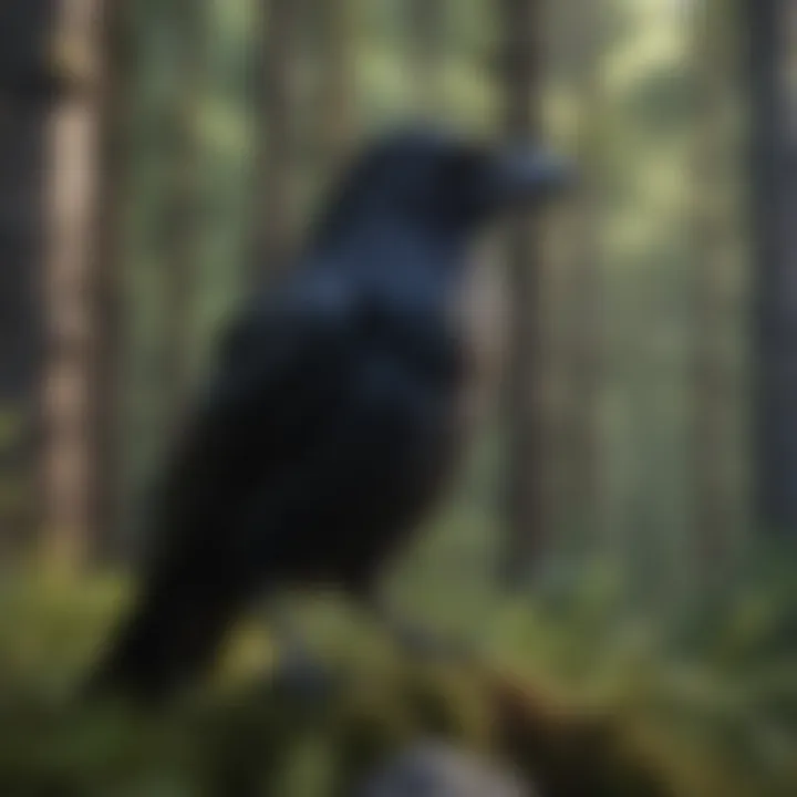 A raven in a forest setting, emphasizing its natural habitat.