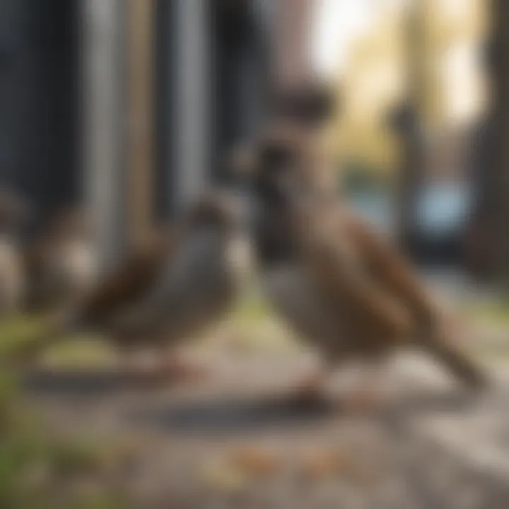A group of sparrows interacting in a park