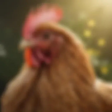 A close-up of a chicken exhibiting its distinctive comb and wattles.
