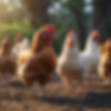 Chickens in a free-range environment, highlighting their natural behavior.