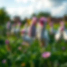 Breathtaking view of a flock of English Lavender Orpingtons in a serene garden setting
