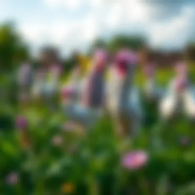 Breathtaking view of a flock of English Lavender Orpingtons in a serene garden setting