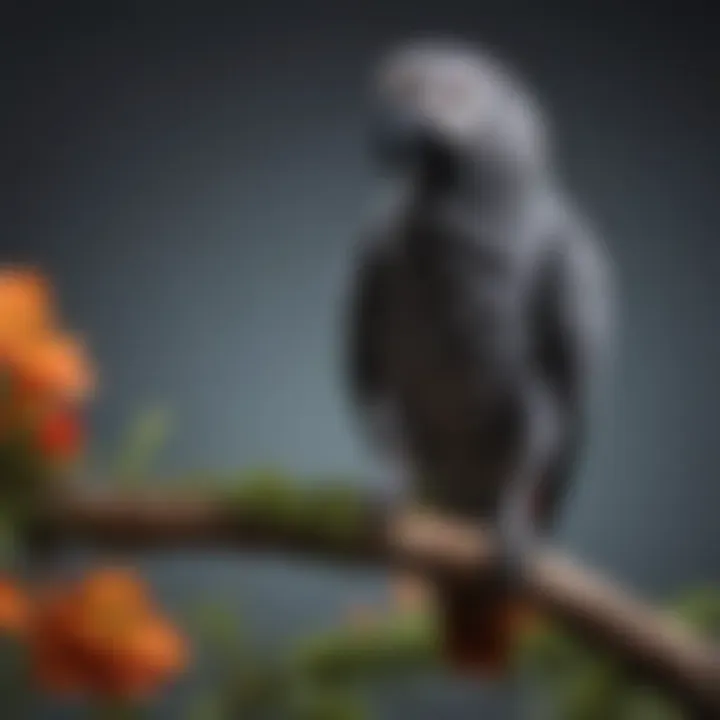 A vibrant African Grey parrot perched on a branch, showcasing its stunning plumage.