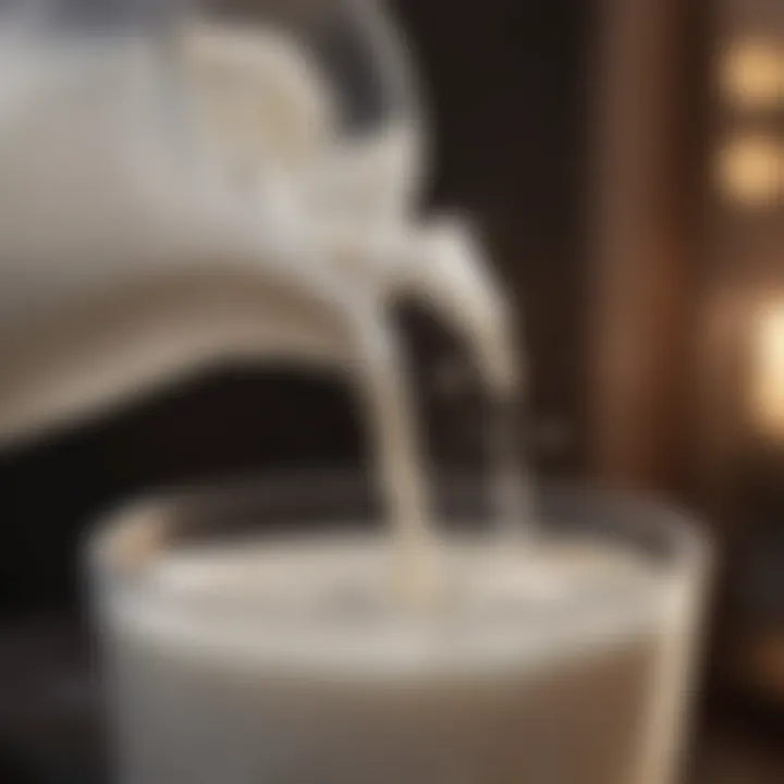 Close-up of goat milk being poured into a glass