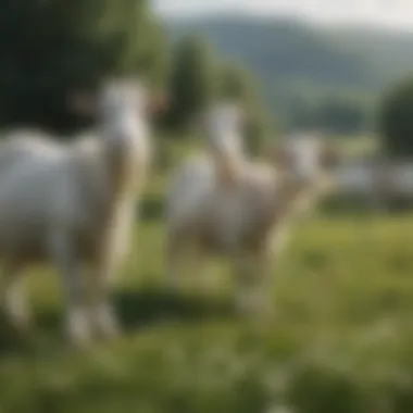 A serene landscape with goats grazing in lush fields